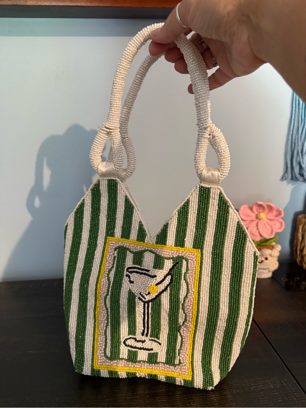 Beaded Green & White Striped Cocktail Tote Bag